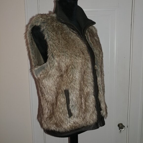 AMX: Brown/Cream Faux Fur Zip-Up Vest - Women's Size Large - NWOT - Picture 2 of 10
